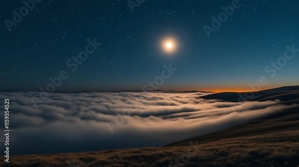 Fototapeta Night Sky Moonlit Mountainscape Above Cloudscape