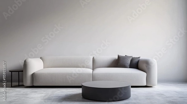 Fototapeta Minimalist living room design with sparse furniture. Featuring an open, clean space with uncluttered lines
