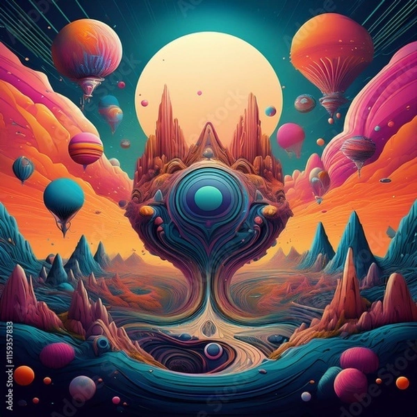 Fototapeta surreal digital art combining abstract shapes, dream-like landscapes, and vibrant, rich color palettes. Incorporate elements like floating objects, distorted realities, and cosmic themes.