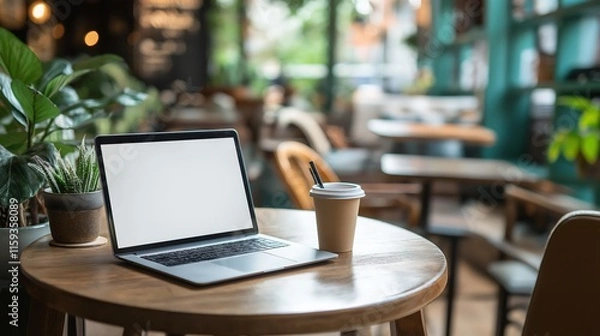 Fototapeta Laptop blank screen on wood table with cafe background, mockup, copy space for banner