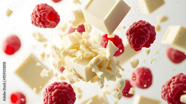 Obraz photo of floating pieces of chocolate and raspberries , white background