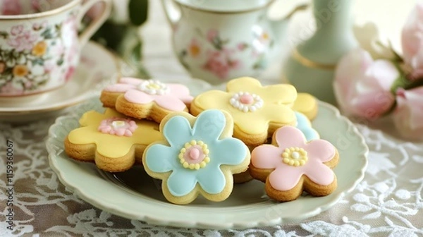 Fototapeta Sugar cookies shaped like flowers, decorated with pastel icing, on a lace tablecloth with a vintage tea set
