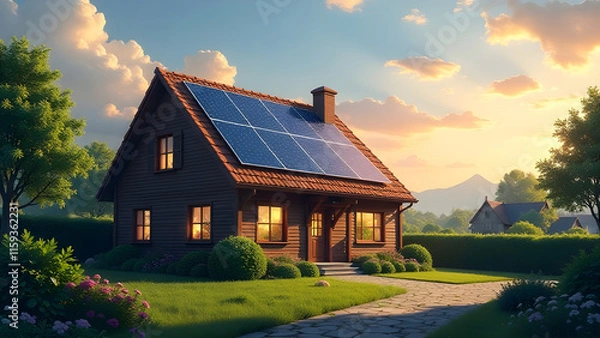 Fototapeta A wooden house with solar panels, surrounded by a garden with green grass, pathway, trees and flowers.	