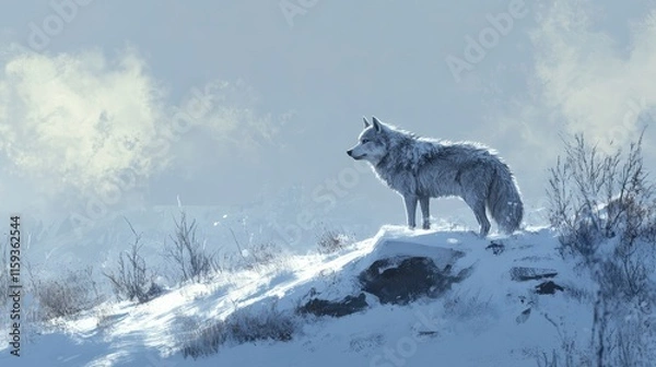Fototapeta A solitary wolf standing alert on a snowy ridge, its thick fur coat blending with the winter scenery as it surveys its territory.