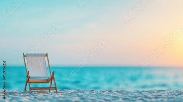 Fototapeta Peaceful Beach Scene with Wooden Chair Facing Tranquil Ocean at Sunrise or Sunset Colorful Sky