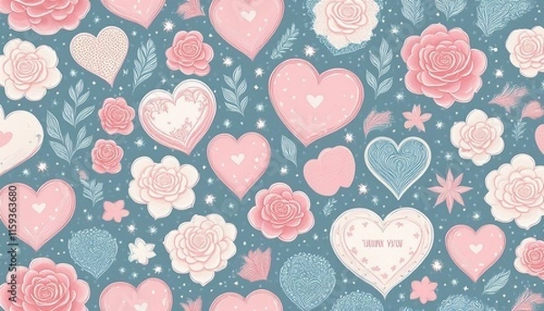 Fototapeta seamless Valentine’s Day pattern with hearts, roses, and soft pastel colors. Add subtle elements like sparkling stars, lace, and delicate floral designs