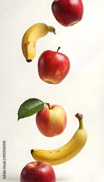 Fototapeta Fresh apples and bananas floating in the air against a plain background