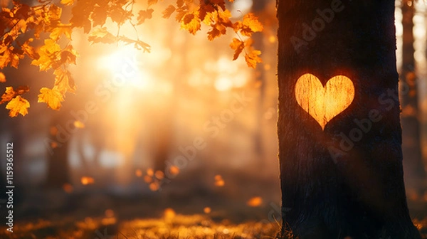Fototapeta romantic heart-shaped tree carving with glowing sunlight for valentine's day themes