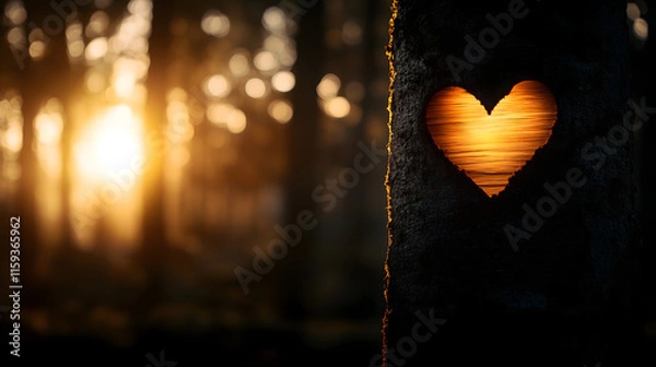 Obraz romantic heart-shaped tree carving with glowing sunlight for valentine's day themes