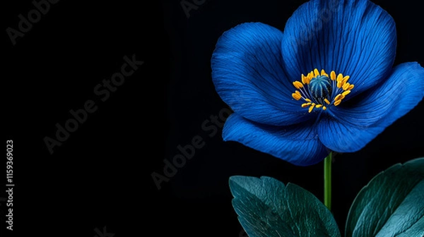 Fototapeta A vibrant blue flower with delicate petals and striking yellow stamens against a dark background.
