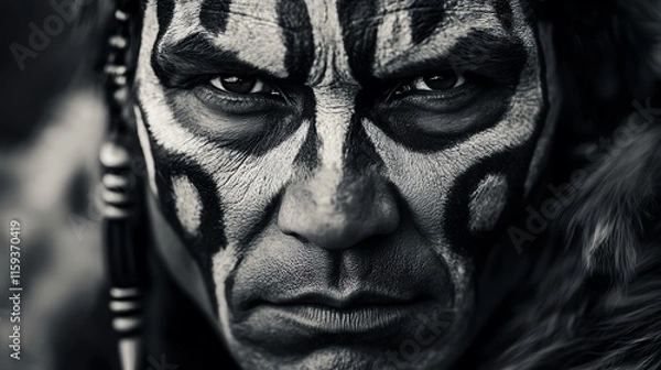 Fototapeta Close-up of person with intricate tribal face paint and intense look.