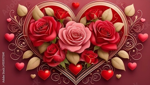 Fototapeta Design a bouquet of roses or flowers intertwined with heart shapes, creating a romantic, artistic composition. Use deep reds, pinks, and gold accents.