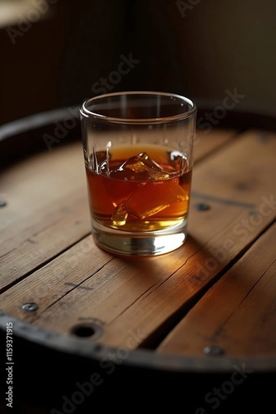 Fototapeta High-Angle Shot of Amber Whiskey Glass on a Weathered Wooden Barrel – Warm Lighting and Rustic Charm in a 16:9 Composition