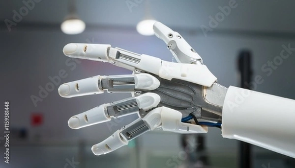 Fototapeta Robotic Hand Reaching Out: A close-up shot of a sophisticated robotic hand, its articulated fingers extended in a gesture of interaction or invitation, set against a blurred technological backdrop.