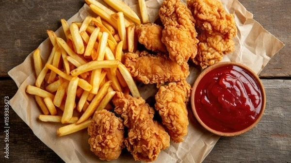 Fototapeta A delicious and indulgent combo meal consisting of breaded, fried chicken tenders served with crispy golden french fries and a side of ketchup for dipping.