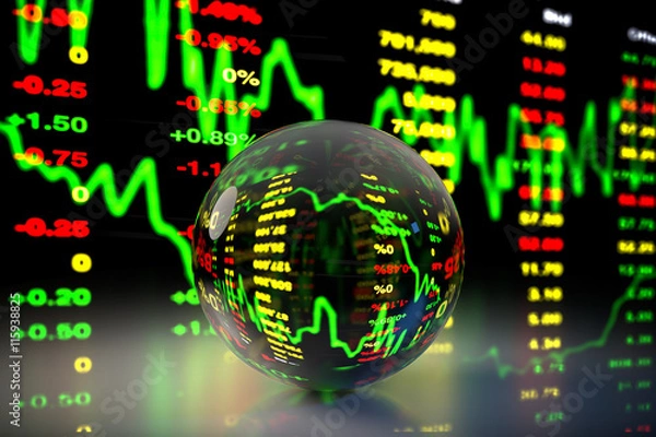 Obraz Crystal Ball with Stock Market Chart Background, 3D Rendering