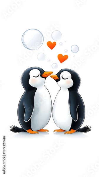 Fototapeta charming cartoon penguins gazing lovingly at each other heart shaped bubbles floating above
