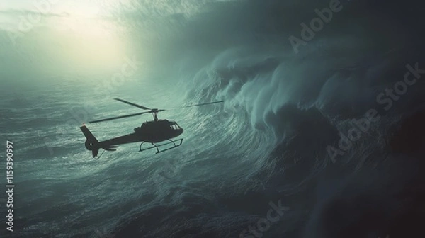 Fototapeta A helicopter navigates the turbulent ocean air as massive waves crash below, illuminated by a moody sunset in the background. Generative AI