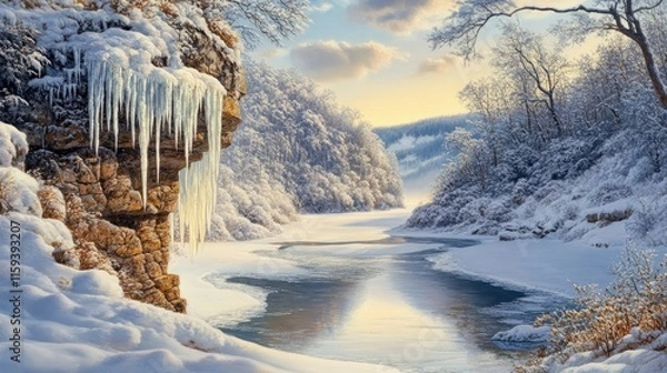Fototapeta A stunning winter landscape featuring a rocky cliff adorned with icicles, overlooking a frozen river winding through a snowy valley.