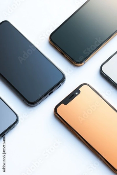 Fototapeta Close-up view of three smartphones on a table. The devices feature modern designs and interfaces.