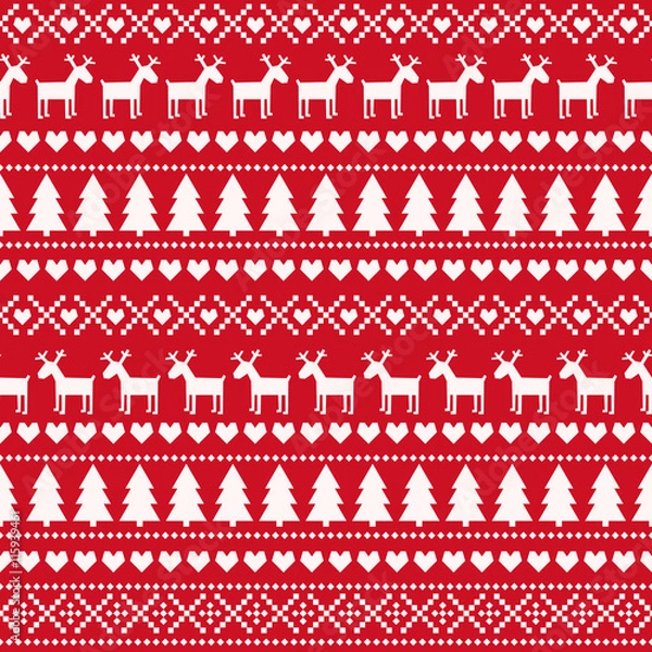 Fototapeta Christmas seamless pattern, card - Scandinavian sweater style. Cute Christmas background - Xmas trees, deers, hearts and snowflakes. Design for textile, wallpaper, web, fabric, decor etc.