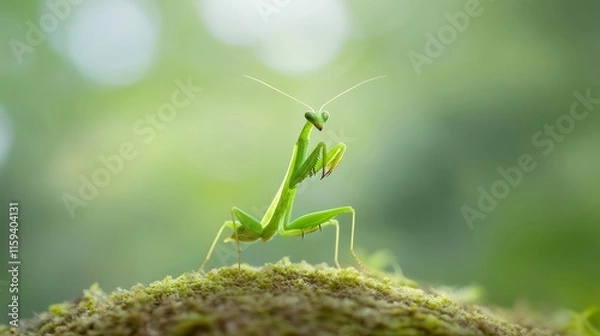 Fototapeta Close-Up of Vibrant Green Praying Mantis on Mossy Surface in Natural Habitat with Soft Focus Background Highlighting Nature's Beauty and Insect Details
