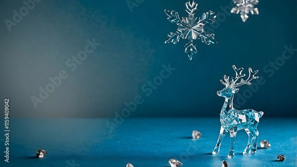 Fototapeta Crystal reindeer figurine and a crystal snowflake against a soft blue gradient background.