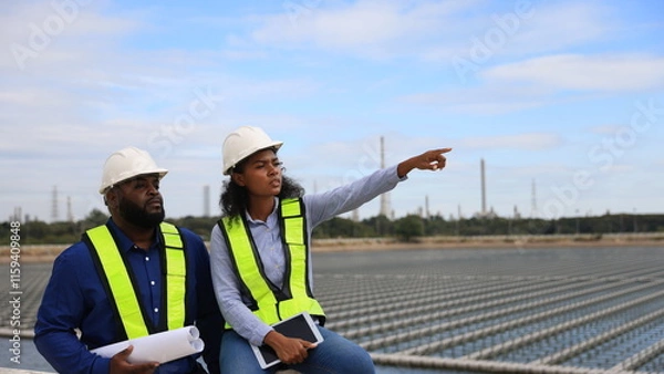 Obraz Black persons of Electrical Engineers or workers work on-site Floating solar panels or solar cell Platform systems on the lake.