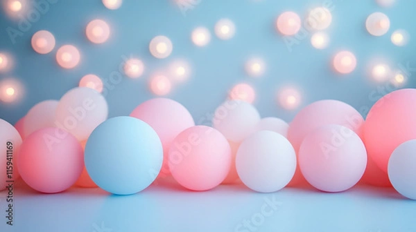 Obraz Soft Pastel Balls with Bokeh Lights on a Minimalist Blue Background.