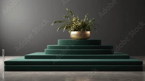 Obraz Staircase with Green Plant in Vase, Podium for Presentation Skin Care and Product, using generative ai