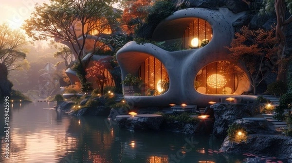 Obraz Modern, cave-like homes nestled by a tranquil lake at dusk.  Warm lights illuminate the unique architecture, creating a serene atmosphere.