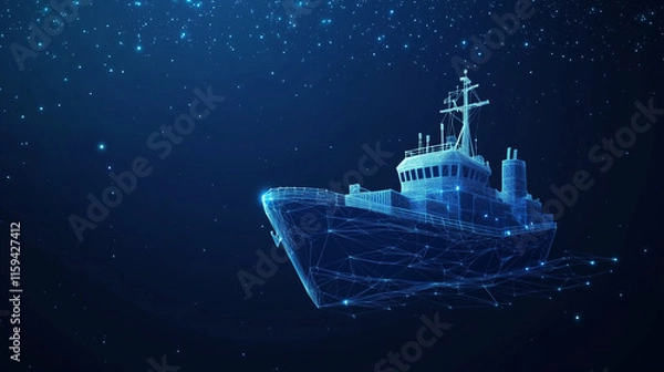Fototapeta Digital wireframe of a ship sailing through futuristic ocean with glowing network connections