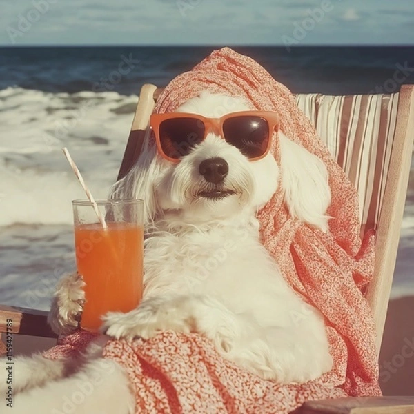 Fototapeta A dog sitting in a beach chair, wearing orange sunglasses and a matching headscarf, holding a glass of orange juice with a straw, enjoying a sunny seaside vacation