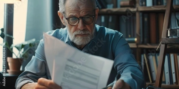 Fototapeta Elderly man wearing glasses reading a paper, surrounded by books and papers in an office environment.