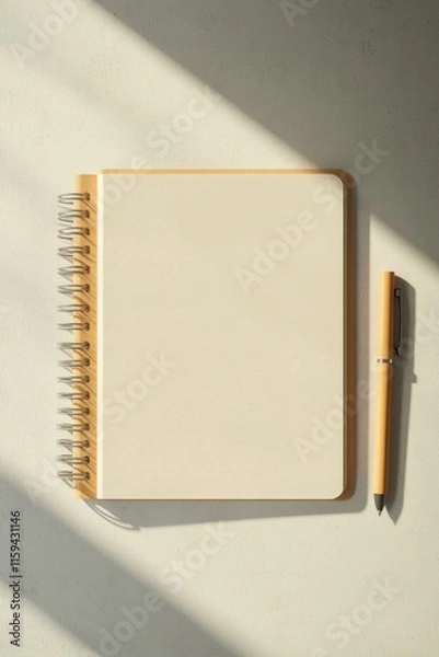 Fototapeta Blank notebook with minimalist design, illuminated by soft sunli