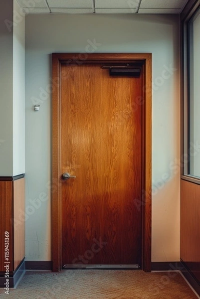 Fototapeta Interior of a door in a building with wooden panels, closed and secured.