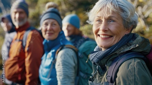 Fototapeta A group of hikers taking a break on the summit of a mountain, with an older woman leading the way. They are equipped for cold weather and have climbed to enjoy nature and adventure.