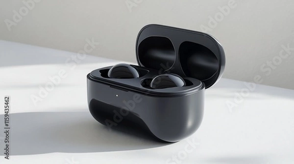 Fototapeta Open black wireless earbuds case on white background.