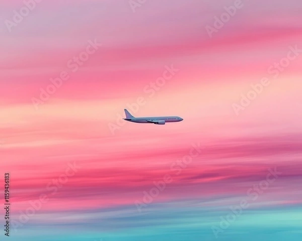 Fototapeta Aircraft cruising through an evening sky filled with soft pastel gradients at sunset