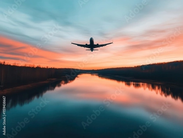 Fototapeta A serene view of an airplane flying above a river reflecting the sunset s warm colors