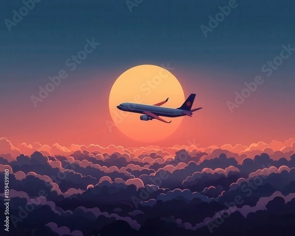 Fototapeta A passenger plane flying high above the clouds, with the setting sun painting the sky in vivid hues