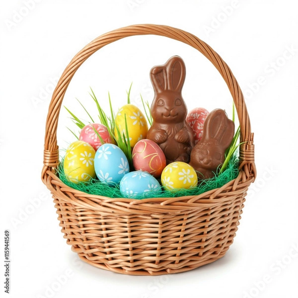 Fototapeta wicker basket full of easter eggs and chocolate bunnies on white background