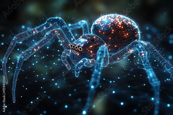 Fototapeta Glowing wireframe a spider on a transparent background, highlighted by a combination of blue and black data points


