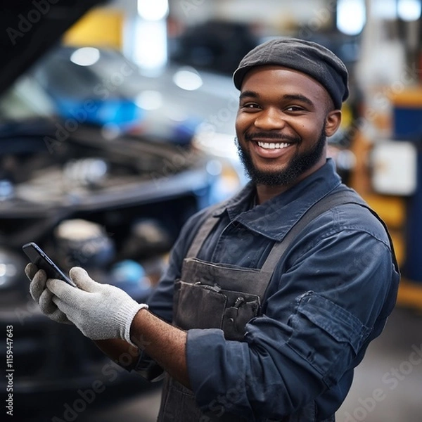 Obraz Smiling Mechanic Uses Smartphone in Auto Repair Shop