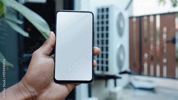 Fototapeta hand holding mobile phone with empty screen in front of air conditioning unit
