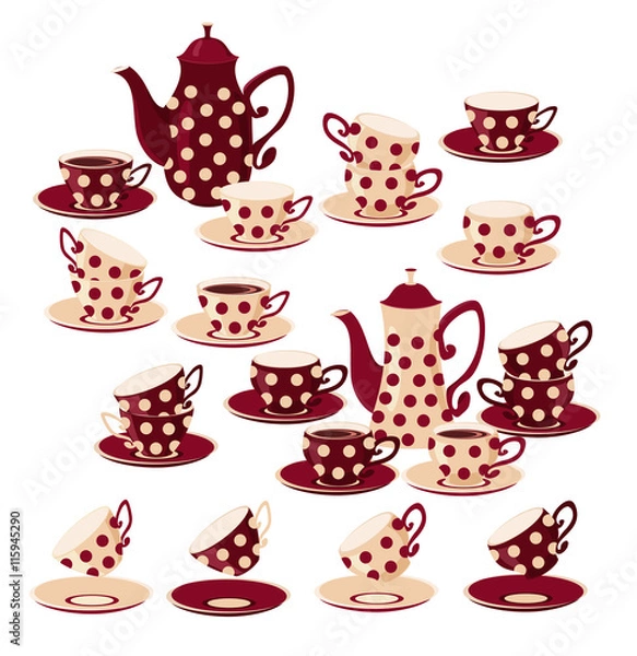 Fototapeta Vector set of isolated coffee pots, cups of coffee and empty cups.