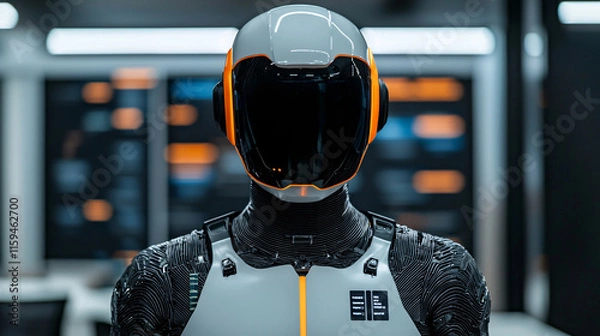Fototapeta Sleek futuristic humanoid robot with a high-tech design, showcasing advanced technology and innovation in an industrial setting