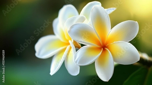 Fototapeta A close-up of vibrant white and yellow plumeria flower against a soft blurred background.