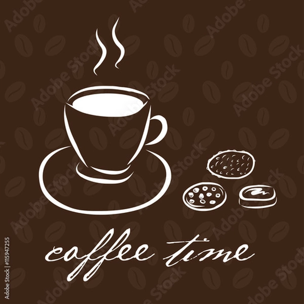 Obraz Hand drawn coffee cup with different cookies. Card with text Cof