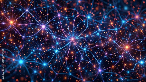Fototapeta Abstract visualization of a neural network with glowing blue and orange connections